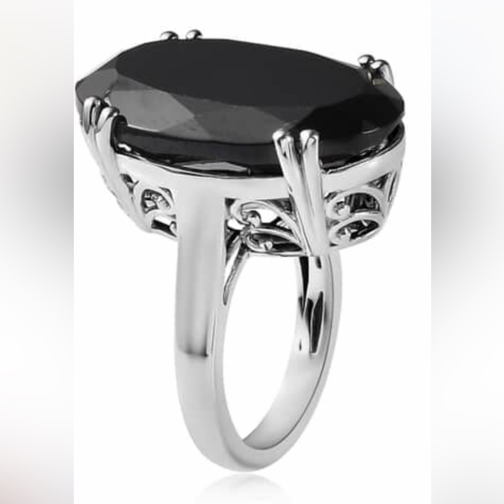 Beautiful Faceted Oval Black Spinel Solitaire Ring 925 Platinum Plated Sterling